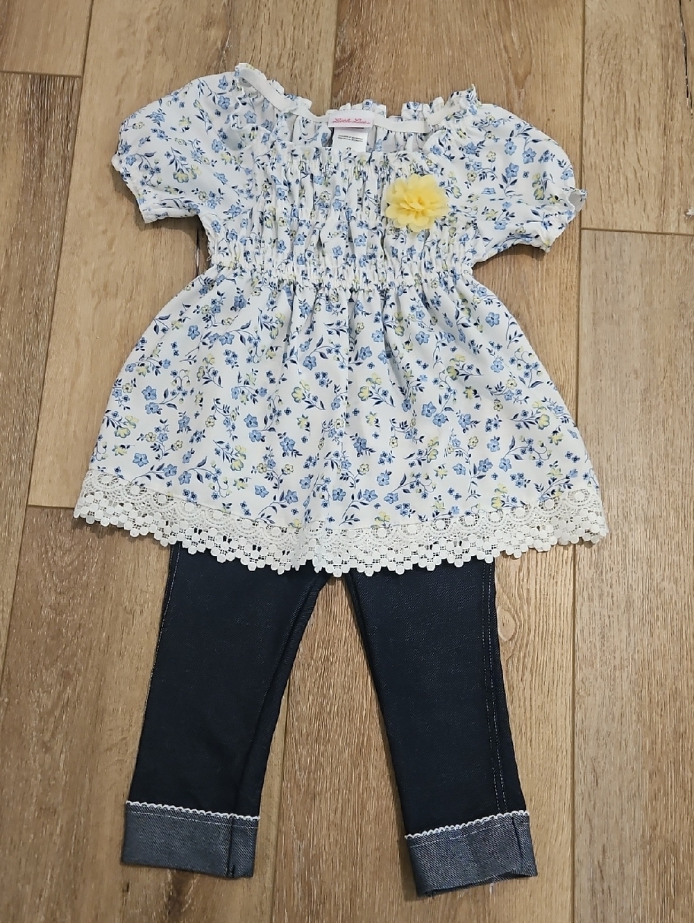 Floral Smocked Baby Tunic with Yellow Flower Accent & Navy Leggings